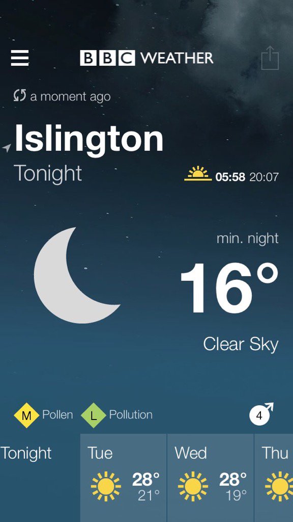 GillBrownPR's tweet photo. BBC Weather forecast for Islington. Tonight: Clear Sky. Min 16°C. https://t.co/8rMSr8Iuy9 https://t.co/EUDTbFvqTd