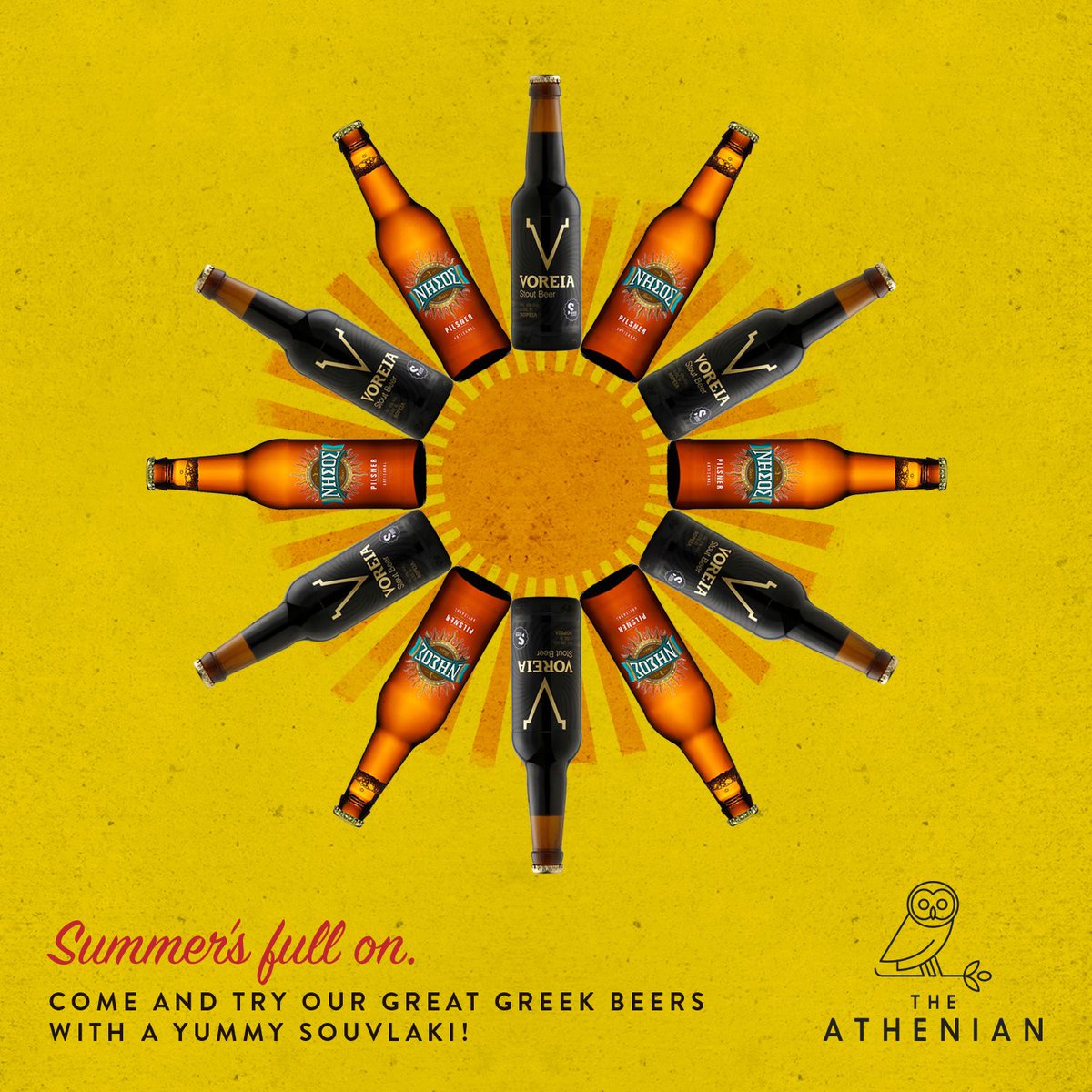 theathenianuk's tweet photo. #Summer is back this week with a #heatwave! Come and enjoy a #Greek #craftbeer with your #souvlaki at The Athenian! https://t.co/hm19Hr4u64