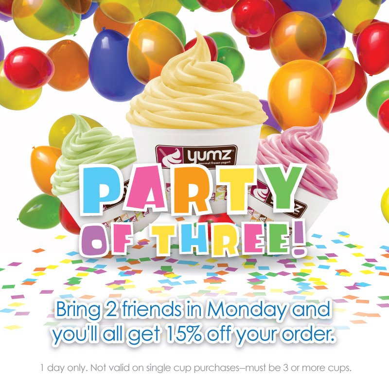 Bring a couple friends into Yumz today and party!  See you <a href="/YumzFroYo/">Yumz Frozen Yogurt</a>