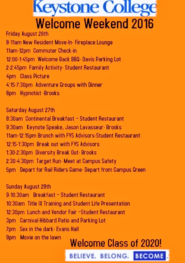 All new #KeystoneCollege freshmen will be arriving this Fri 8/26 for a weekend they'll never forget! #iBelongatKC