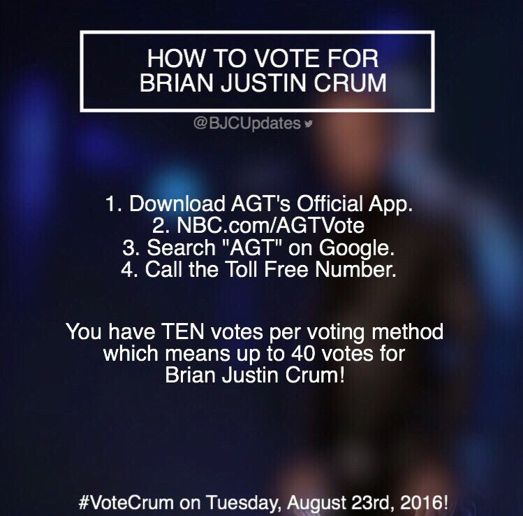 FansBJC's tweet photo. Make sure to VOTE for @BrianJustinCrum TOMORROW NIGHT. He's counting on us #votecrum https://t.co/SxccZGo4oc