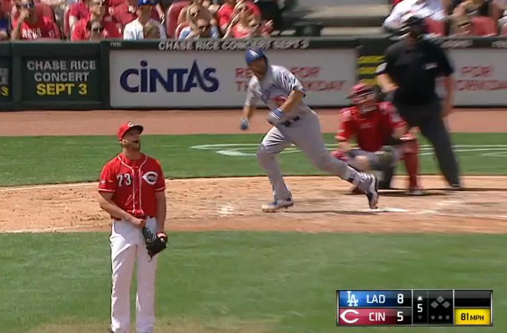 DodgerInsider's tweet photo. Reds reliever Josh Smith was agog at Rob Segedin's homer. https://t.co/BTrQzSZRDC