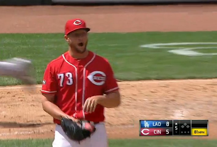 DodgerInsider's tweet photo. Reds reliever Josh Smith was agog at Rob Segedin's homer. https://t.co/BTrQzSZRDC