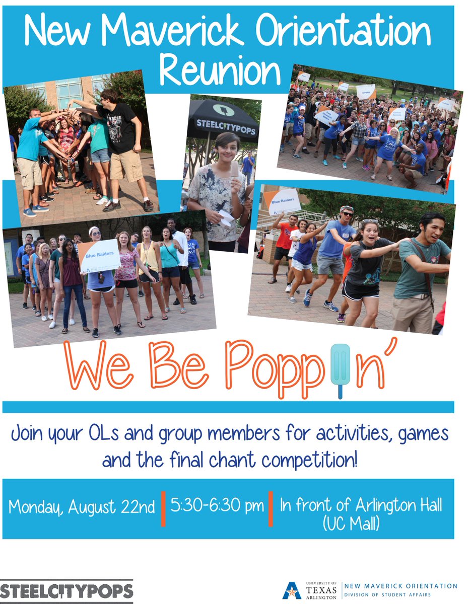 UTAOrientation's tweet photo. The Freshman Orientation Leaders are excited to see you @ 5:30 for the Orientation Reunion! Get ready for some fun! https://t.co/tURVqU5gze