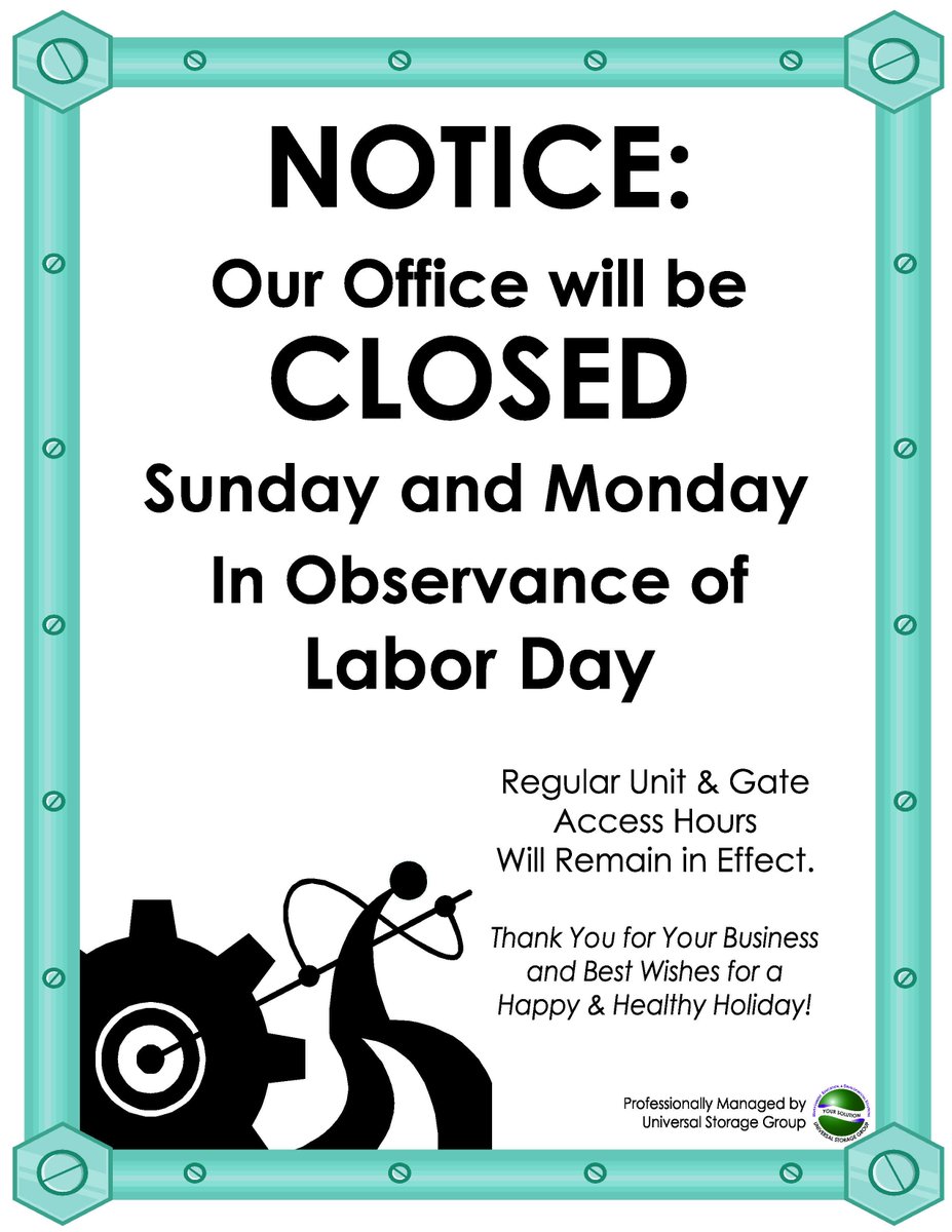 StorageChamps's tweet image. We will be closed Sunday the 4th and Monday the 5th. Have a safe and fun holiday!