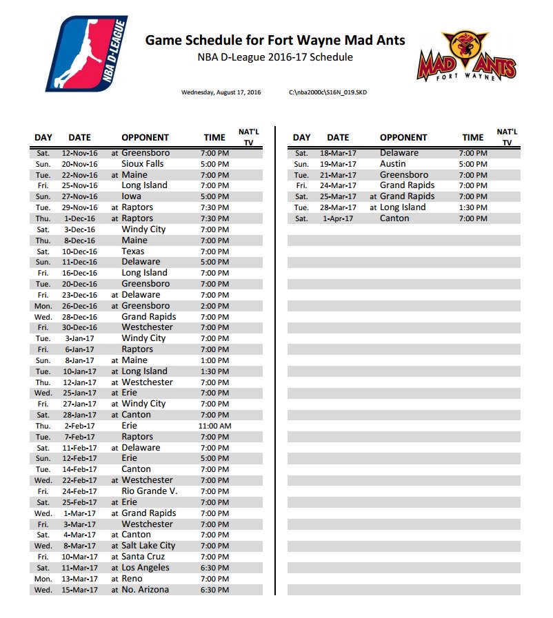 .@TheMadAnts announced their schedule for 2016-17. The #NBDL team will be celebrating their 10th yr as a franchise.