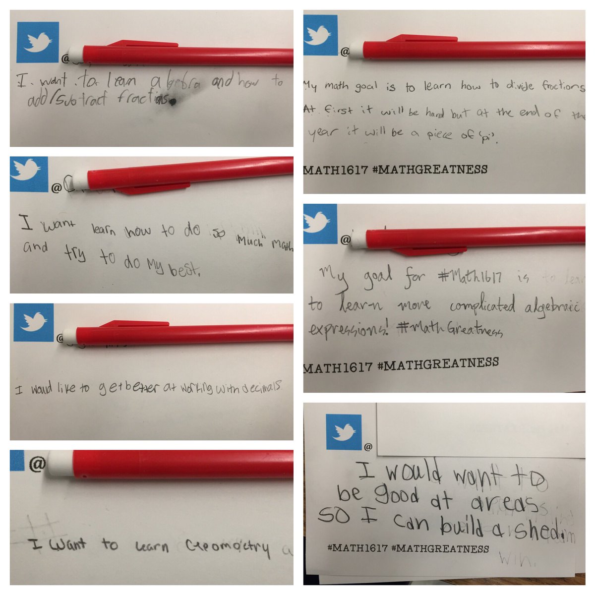its_morgancave's tweet photo. LOVE reading these #mathgoal "tweets" from my new students! #mstgreatness #risdgreatness #mathgreatness #growth https://t.co/dzr8j24pLG