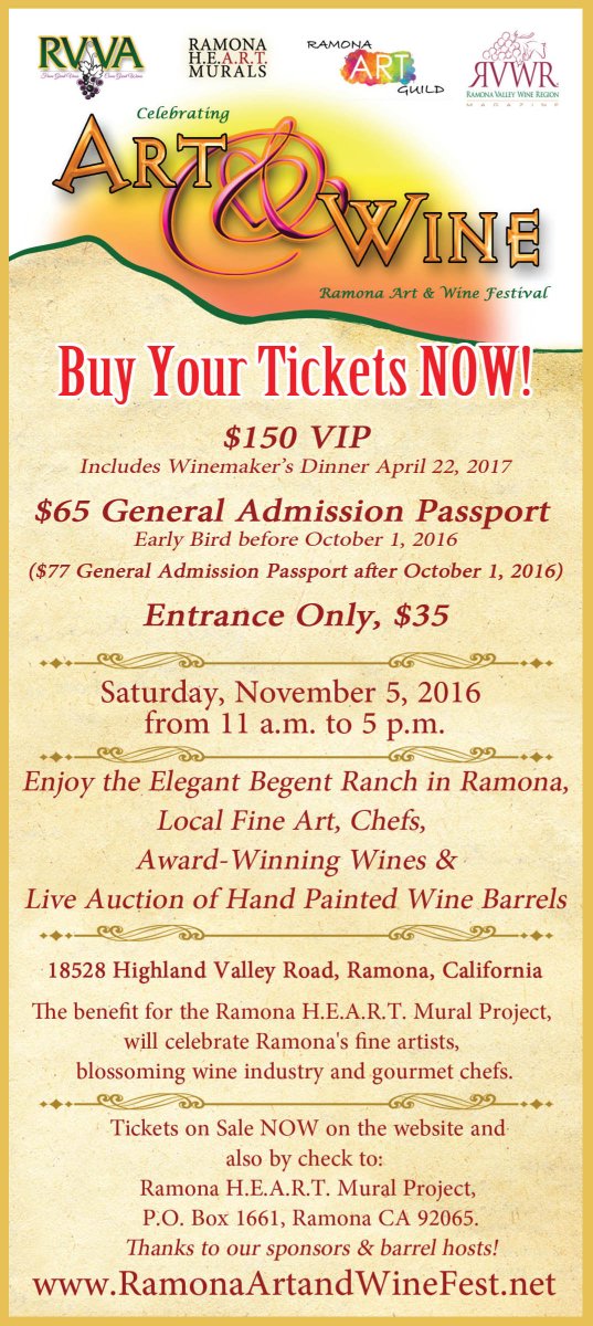 RVVAMarketing's tweet photo. Save the date~4th annual Ramona Art &amp; Wine Festival 11/5/2016 Buy tickets now for discount https://t.co/VdOcQk0eDI https://t.co/oRXp0VqK4X