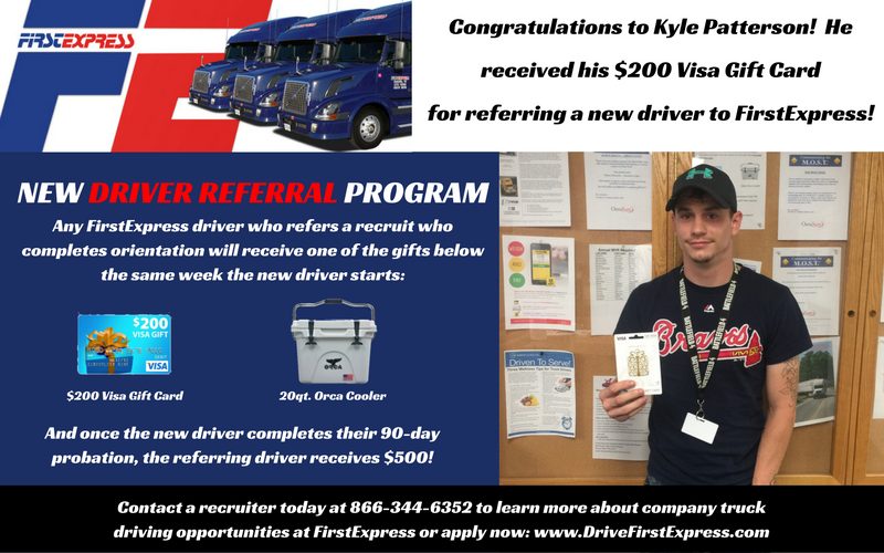 FirstExpressInc's tweet photo. Congrats Kyle! He received his $200.00 Visa Gift Card for referring a new driver to #FirstExpress. https://t.co/avK6Mgpzk4