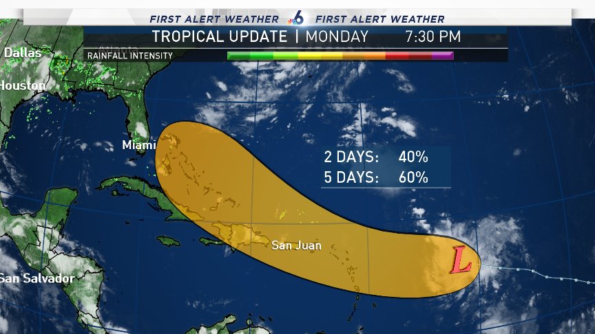 JohnMoralesTV's tweet photo. Tonight at 8 National Hurricane Center still gives a medium chance for #Invest99L to develop, but probability higher https://t.co/xfDldx6ho1