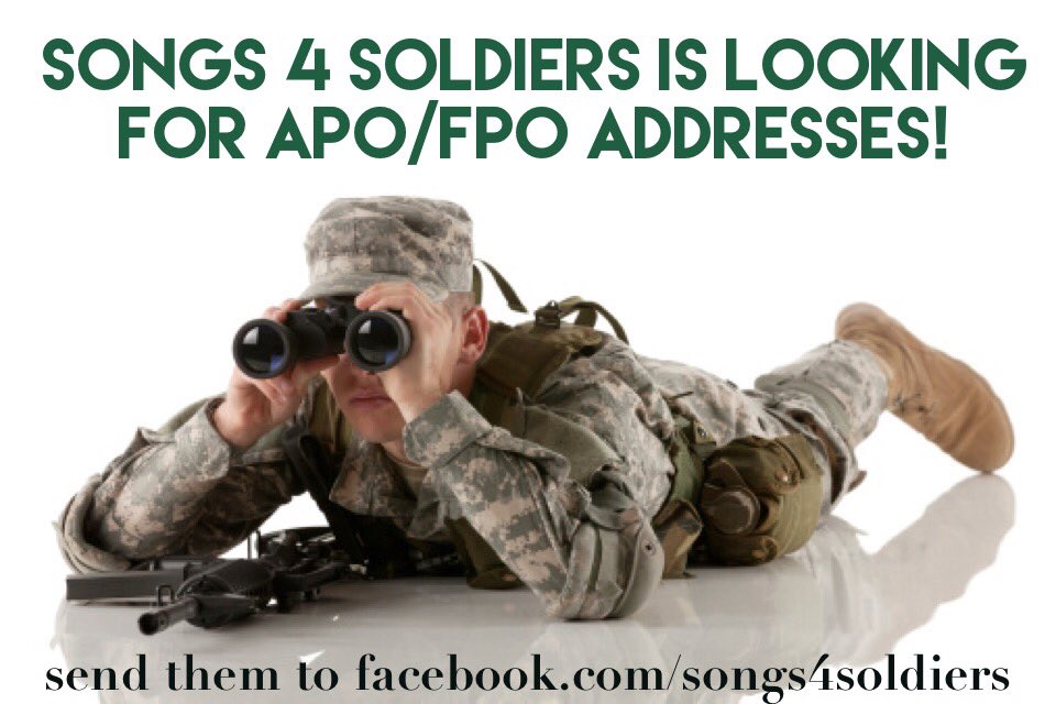 Songs4Soldiers_'s tweet image. We are looking for addresses of deployed Soldiers. Tell us if you know of one so we can send em a music care pack!
