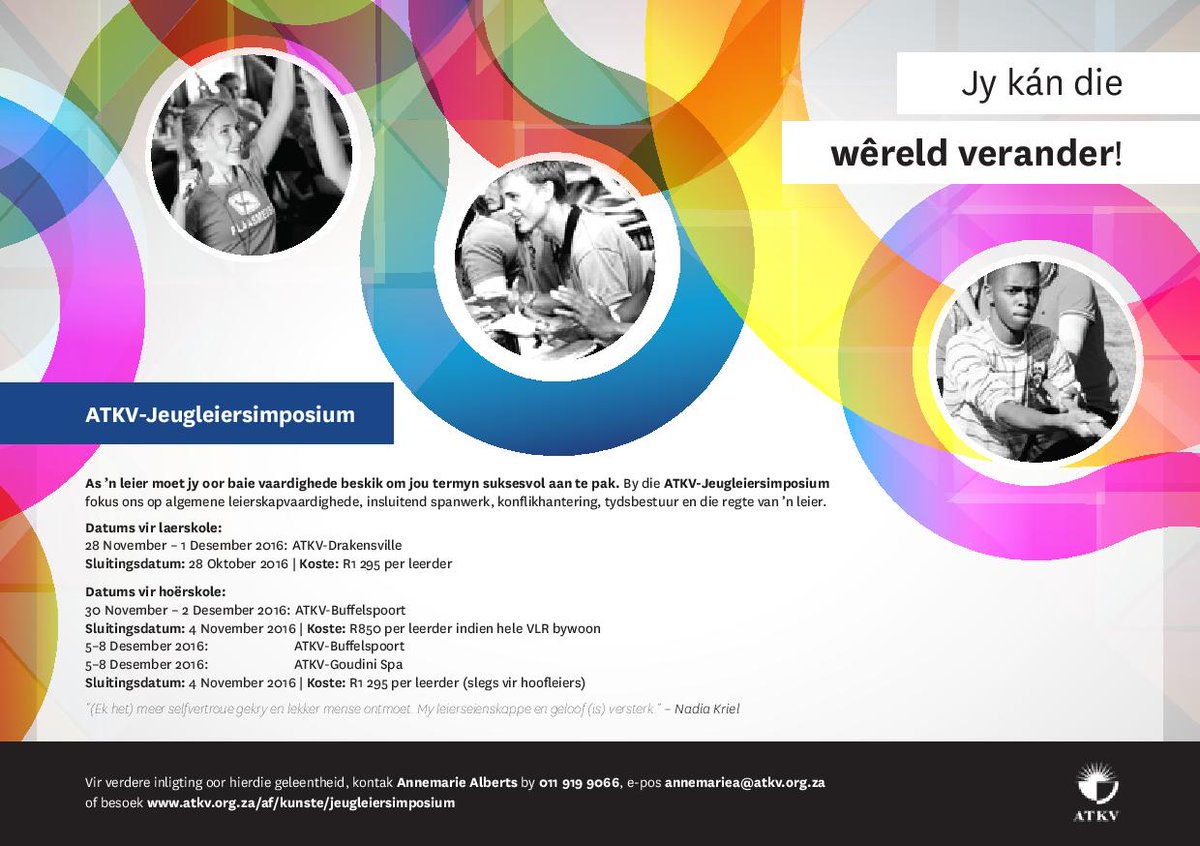 ATKVSA's tweet image. Is jou kind as ’n leier vir 2017 by/sy haar skool gekies? Dan is die ATKV-Jeugleiersimposium ’n moet.