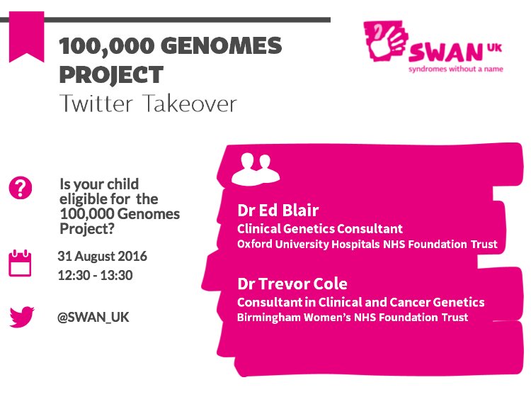 SWAN_UK's tweet photo. Twitter Takeover on 100,000 Genomes Project here on 31 Aug 12.30-13.30 https://t.co/8qdmf6vY1b @GenomicsEngland https://t.co/MQWXvRSWjE
