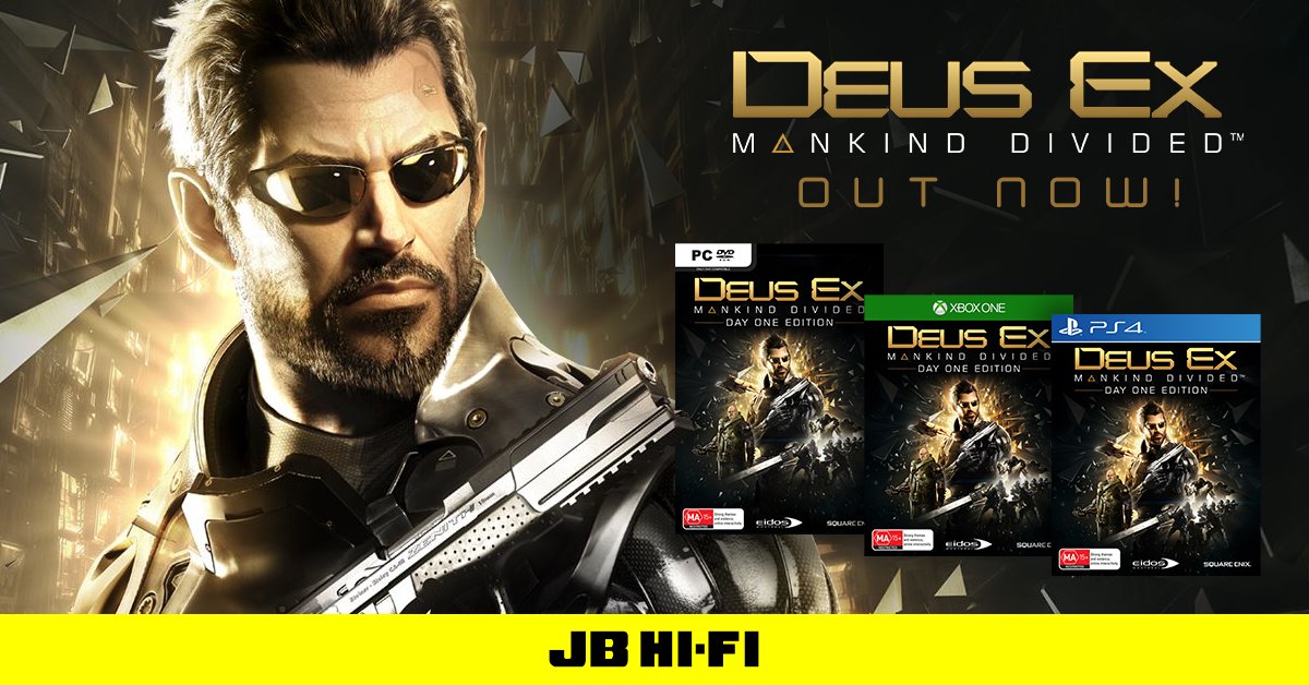 JBHiFi's tweet photo. Deus Ex: Mankind Divided is OUT NOW  @JBHiFi! Pick up your copy today: https://t.co/MFMltRN2xe https://t.co/7EOvmgAiHU
