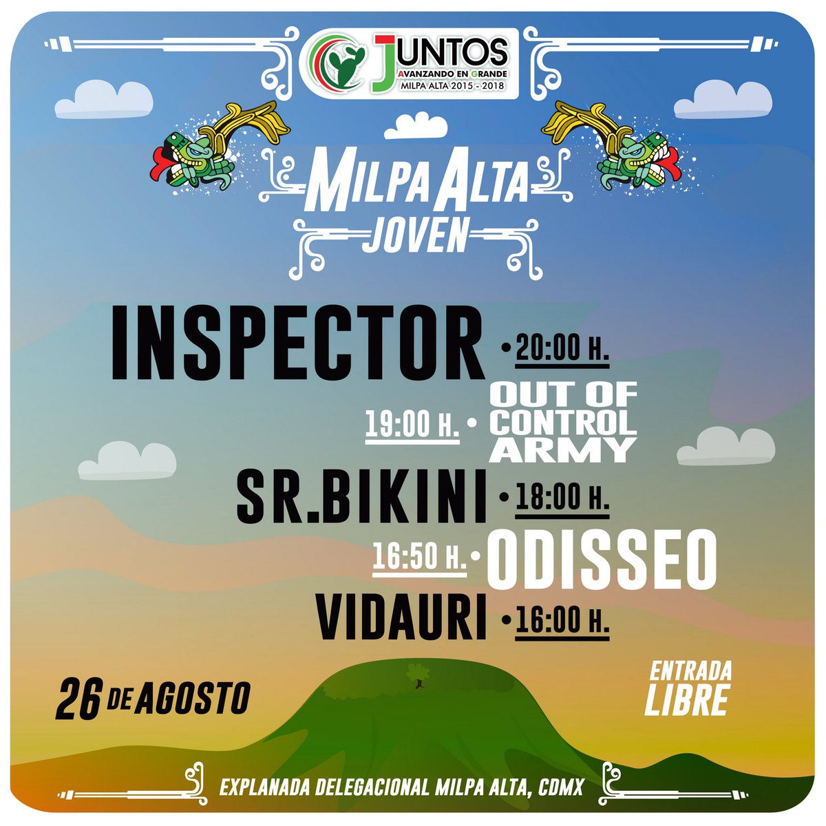 Rockeandonet's tweet photo. Horarios #MilpaAltaJoven #Inspector #Odisseo #Vidauri #OutOfControlArmy #SrBikini 🤘🏻 https://t.co/DbLJz3itwf