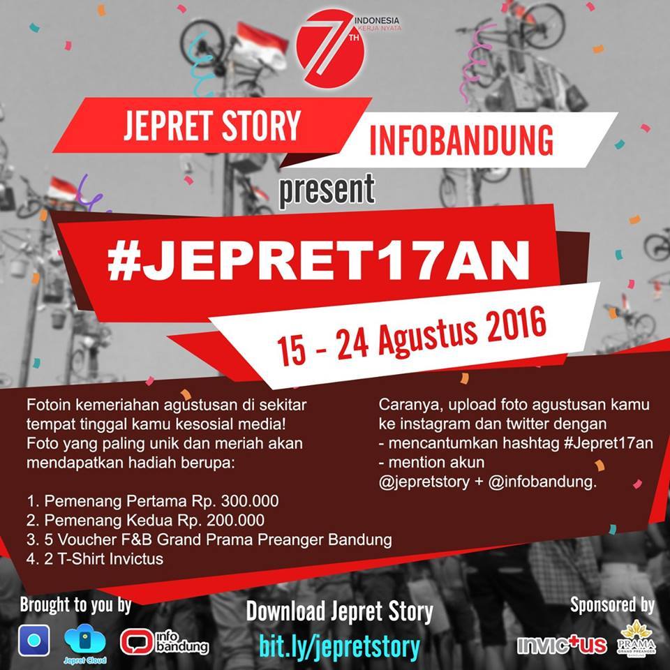 JepretStory's tweet photo. 2 hari lagi, Jepreters! Share foto kemeriahan 17-an km dgn hashtag #Jepret17an &amp; menangin hadiah uang &amp; merchandise! https://t.co/n4VT3DKqHF