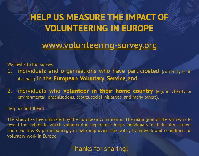 memo_tool's tweet image. Survey of #volunteers in #Europe. Do you know any? Help us reveal the impact! volunteering-survey.org #ErasmusPlus