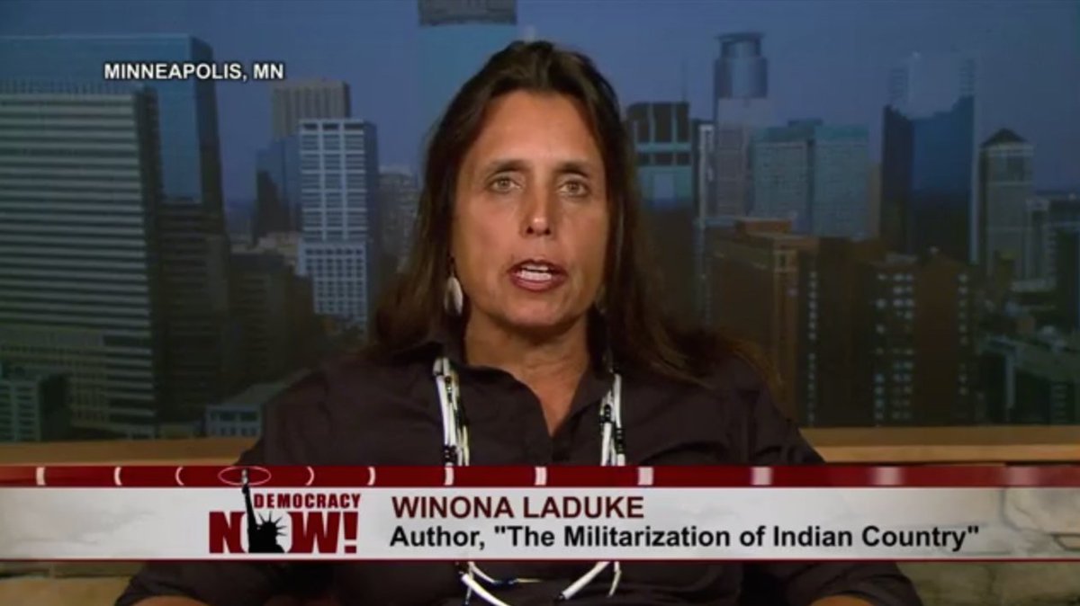 democracynow's tweet photo. .@WinonaLaduke on Enbridge: “They have no right to destroy our water, no right to compromise our future” #NoDAPL https://t.co/ov1b9bYCaj