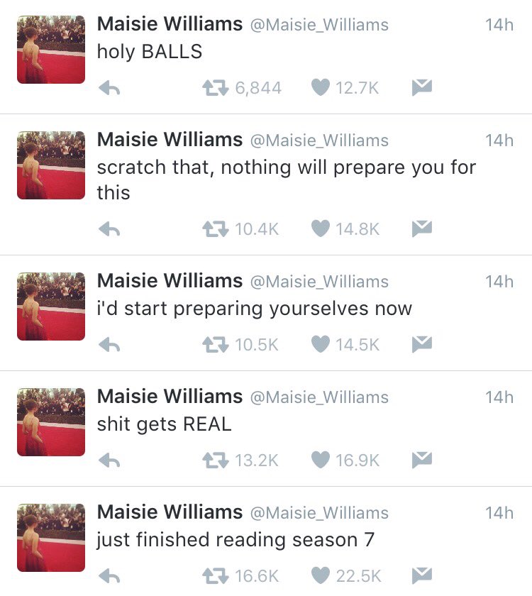 Daenerys's tweet image. Maisie Williams reacts to the next season of Game of Thrones!