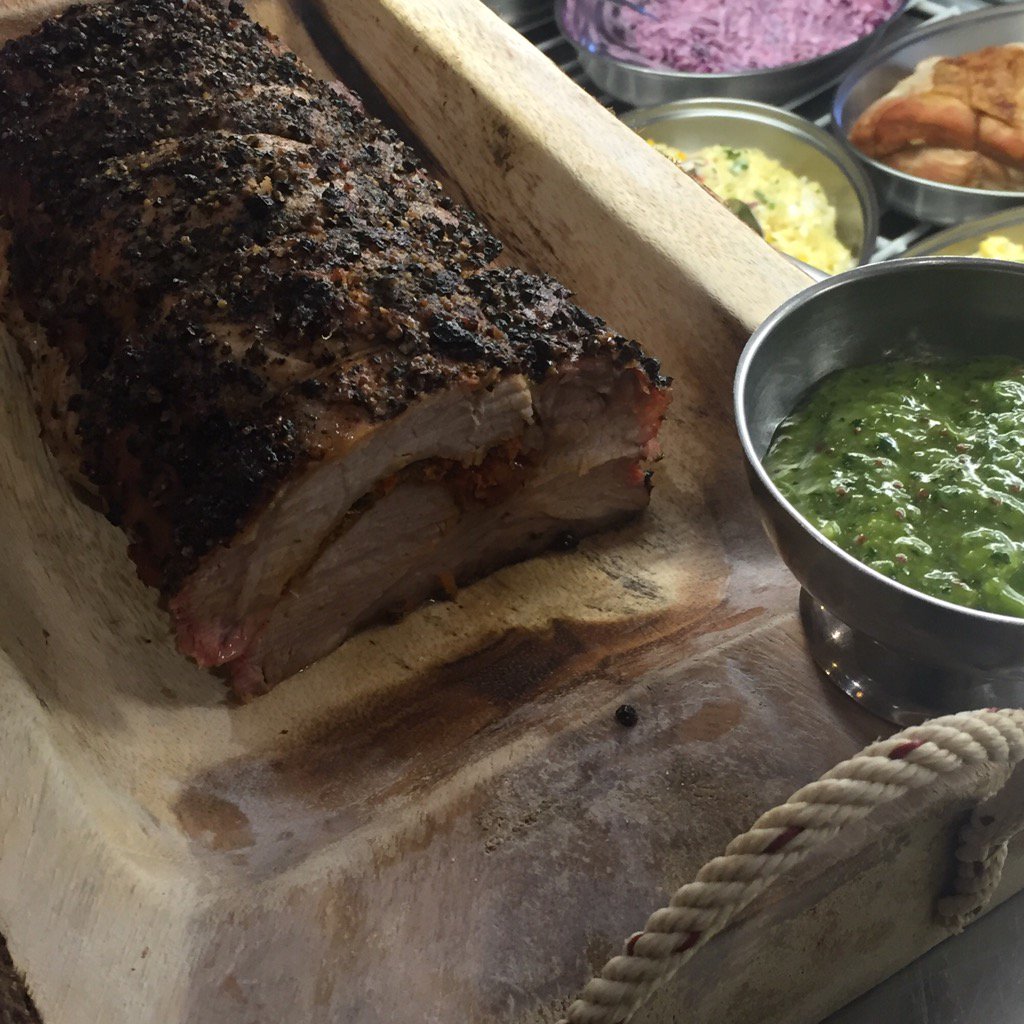 Roast peppered pork loin and green stuff