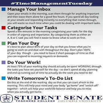 TCStudentSenate's tweet photo. In preparation for the #FallSemester here are a couple #TimeManagementTuesday tips for you! #TCStudentSenate #TCWay https://t.co/EIjLwVHkl9