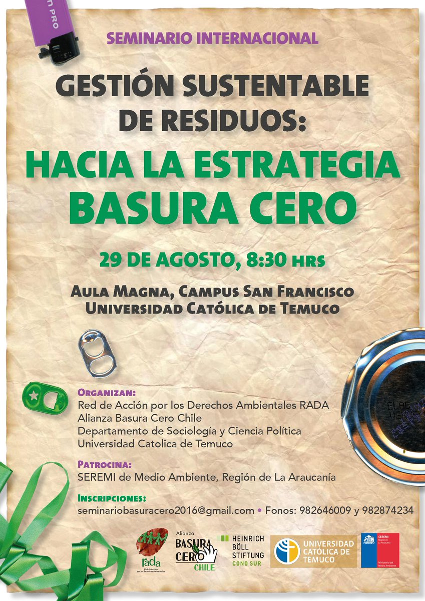 cifag_araucania's tweet photo. Seminario internacional gestión sustentable de residuos: “Hacia
la estrategia basura cero” Temuco 29 Agosto UCT https://t.co/ZxiyBwNDf1