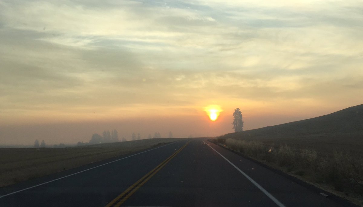 LizBurchTV's tweet photo. Another sunrise through the #SpokaneComplexFire smoke. I'm live from the fire lines all morning on @KHQLocalNews https://t.co/YrTFoHYbAy