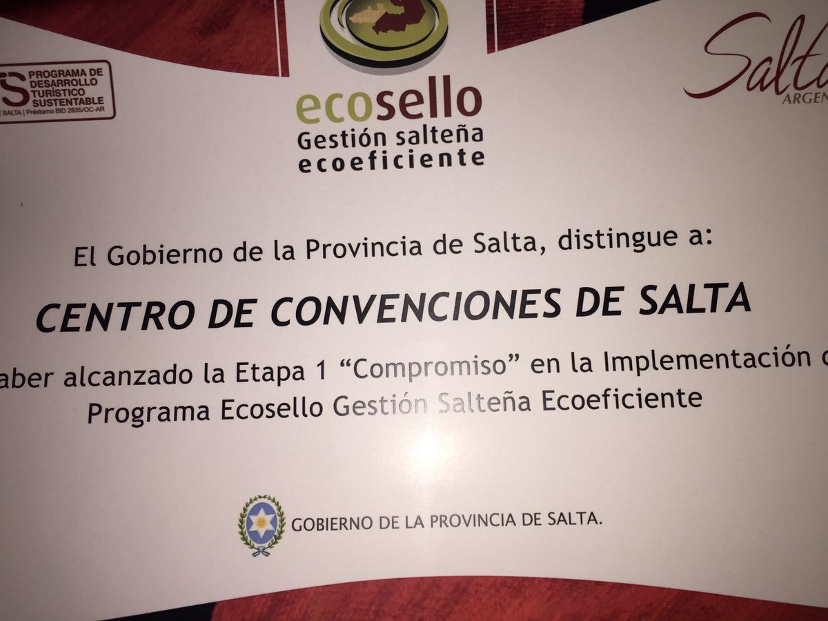 cdcsalta's tweet photo. #2EF Recibimos distinción de #Ecosello gestión salteña ecoeficiente, Gracias ! #CompromisoAsumido #EventosDeCalidad https://t.co/Tcm63WonvV