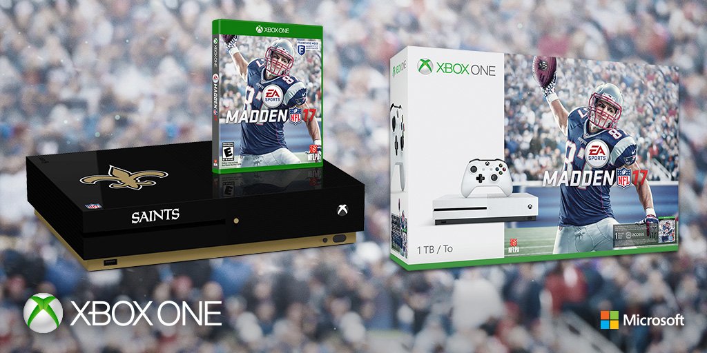 Saints's tweet photo. RT for a chance to win a custom Saints #XboxOneS #Madden17 Bundle #XboxSweepstakes Rules: https://t.co/k1XnaLqrHJ https://t.co/ts8OBQHfo9