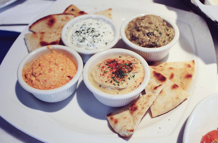 Can't decide which three dips to order? Just get all four! #tzatziki #melitzano #tyrokafteri #favabean