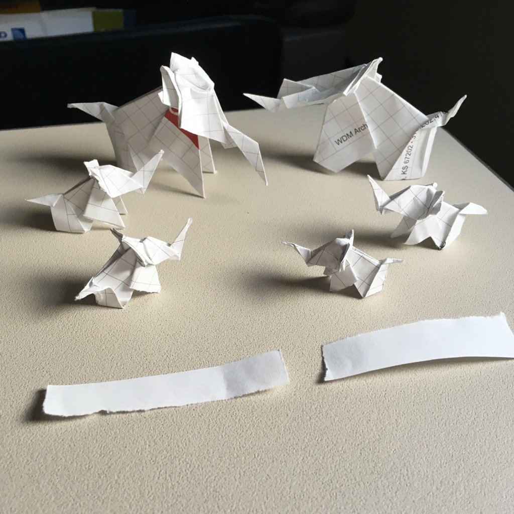 matteschindler's tweet image. A single sheet of recycled paper makes a family of 6 elephants. #ElephantOrigamiChallenge @96Elephants