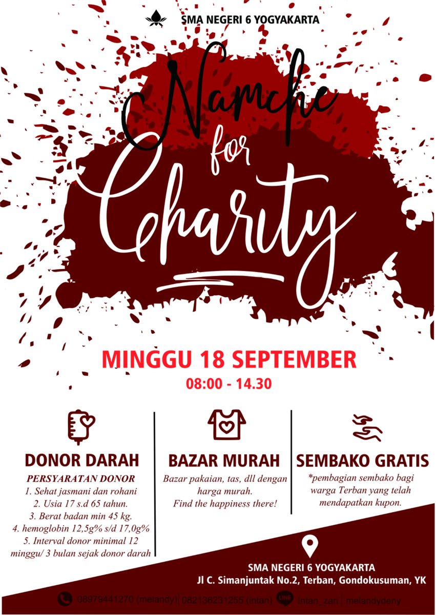 Lets Be a Hero for humanity with #NAMCHERITY2016 !
more info: 
082136231255 (intan) 
08979441270 (melandy)
