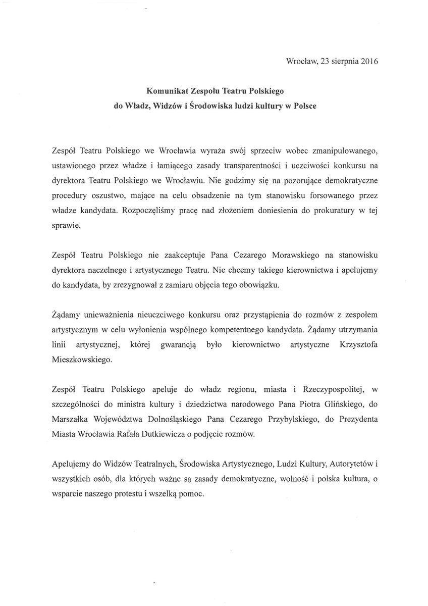 TeatrPolskiWroc's tweet photo. Komunikat Zespołu T[pl do Władz, Widzów i Środowiska ludzi kultury w Polsce https://t.co/tqxc711dZf