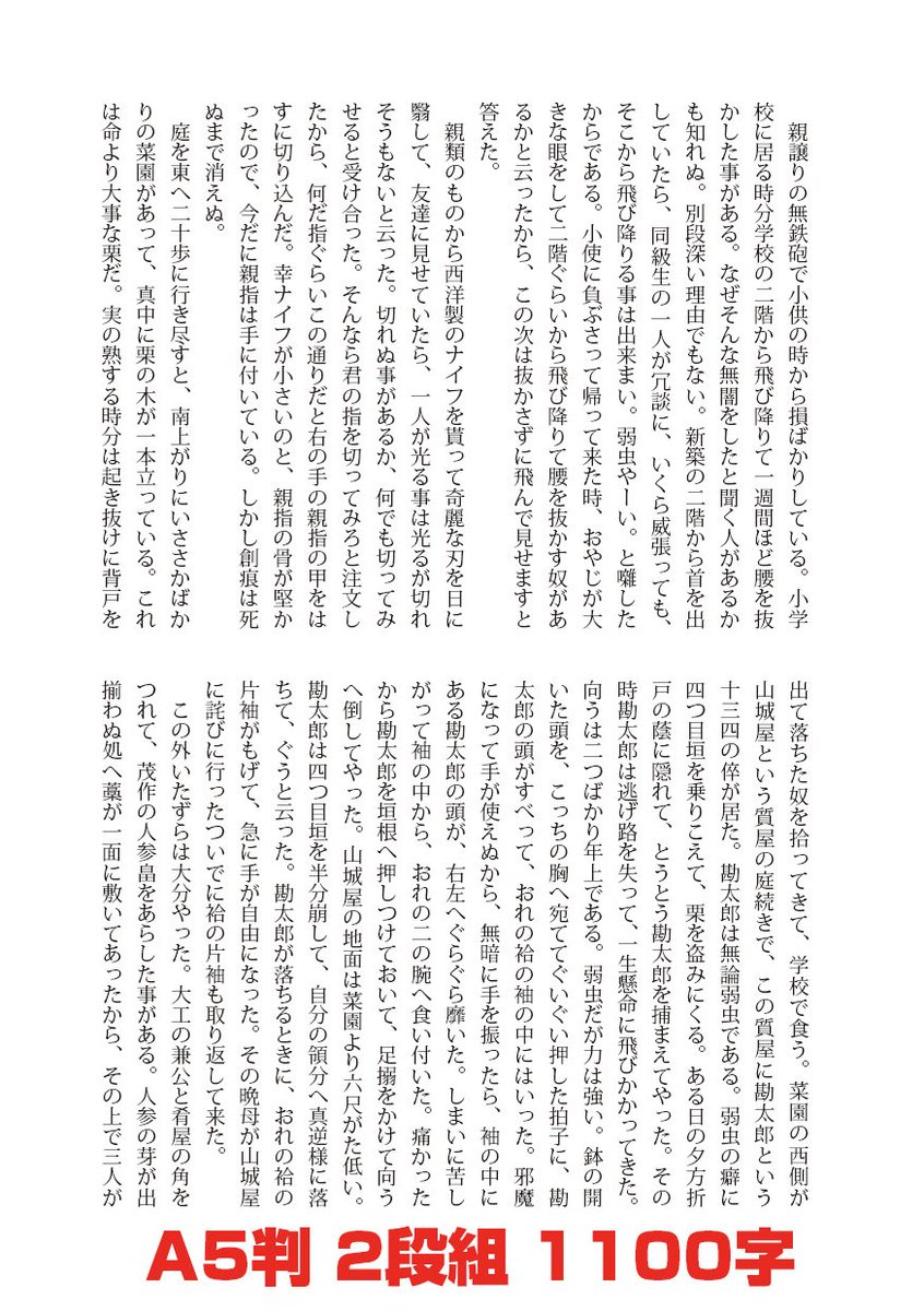 伊川清三 地雷魚先生の主張 小説同人誌はpで500円にすべし が今沸騰中ですが 小説同人誌は漫画同人誌 と比べて判型 本のサイズ が多様です 議論の際にはご注意ください 文字サイズ 判型 段組等で収容文字数は結構差が出ます