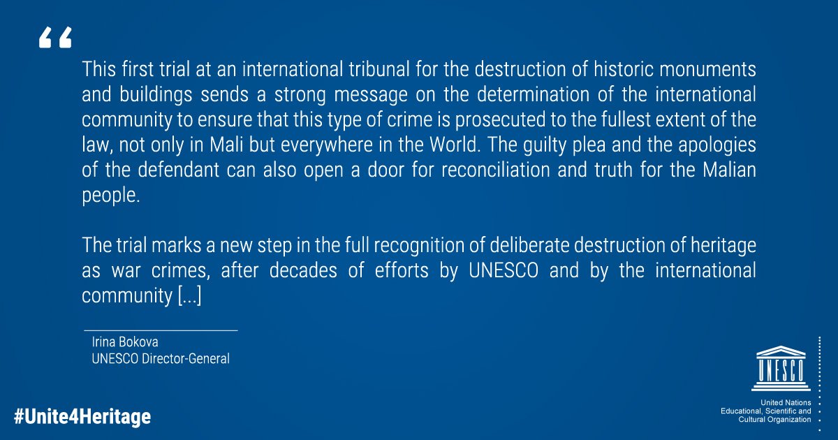 UNESCO's tweet photo. DirGen welcomes opening of trial on the destruction of heritage in Timbuktu: https://t.co/yqfTHzq7j3 #unite4heritage https://t.co/XFEfacGabp