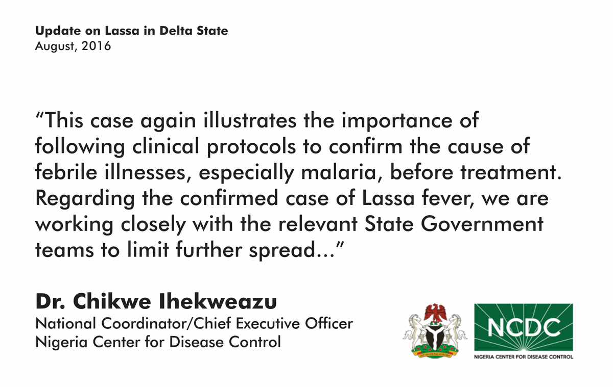 PRESS RELEASE:
NCDC update on case of Lassa fever in Delta ex-Anambra

READ:
bit.ly/2bKAwSy