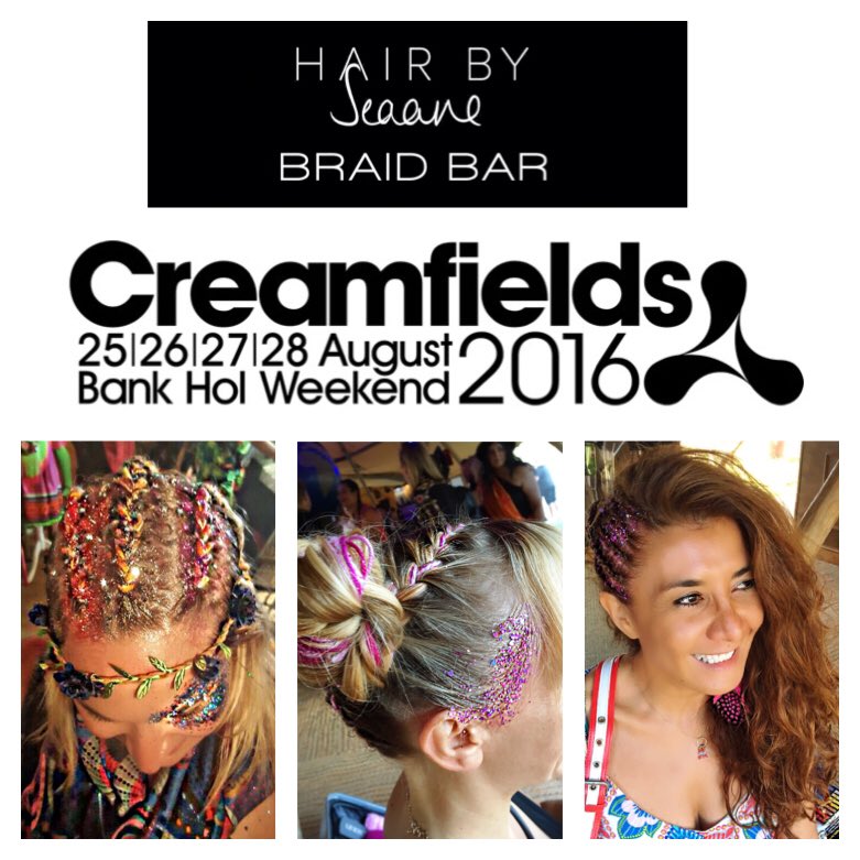 HairBySeaane's tweet photo. Come and find us in Hospitality Arena @Creamfields for Braids, Blow-dry's &amp; lots of glitter 💖💛💜 #Creamfields https://t.co/xBgnClkQXZ
