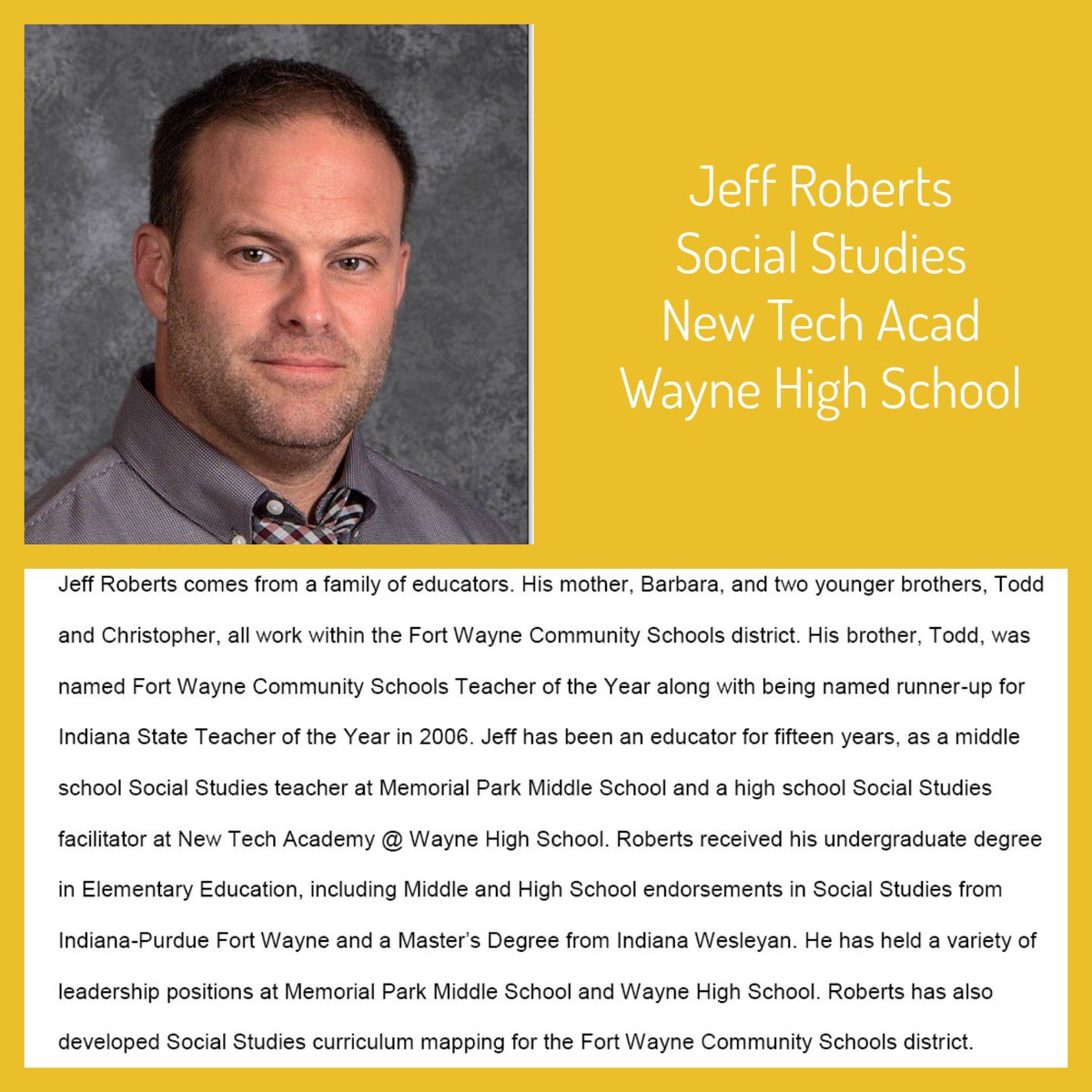 EducateIN's tweet image. Jeff Roberts is a social studies teacher at New Tech Academy - Wayne High School. He's a potential #INTOY!