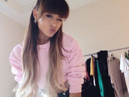 onelovesem's tweet photo. ariana x bangs, she seems so much more happy and takes a lot more photos👏🏻💕 hope she keeps it for a long time https://t.co/YOy4EPm16j