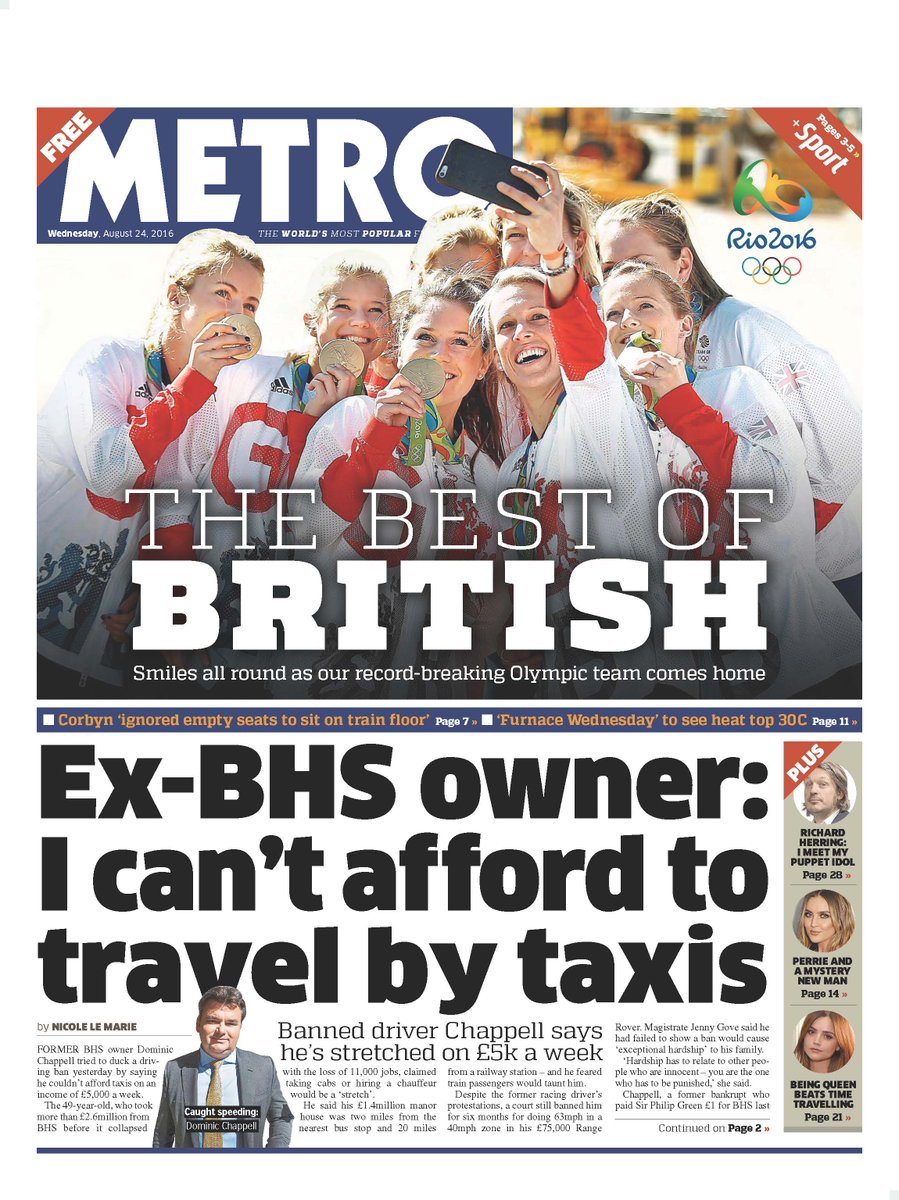 MetroUS's tweet image. Wednesday&apos;s Metro &apos;Ex-BHS owner: I can&apos;t afford to travel by taxis&apos;
@bbcpapers #tomorrowspaperstoday #TeamGB