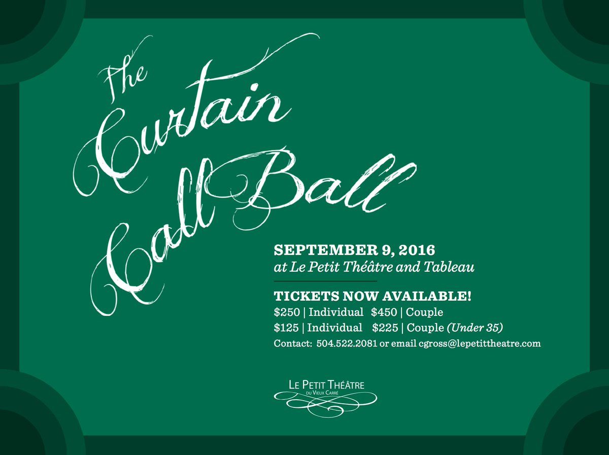LePetitNOLA's tweet photo. Learn more about our Curtain Call Ball on @BroadwayWorld:
https://t.co/F6v4NUYc1S #CCB2016 #FollowyourNOLA #NOLA https://t.co/zWQ4PavnrU