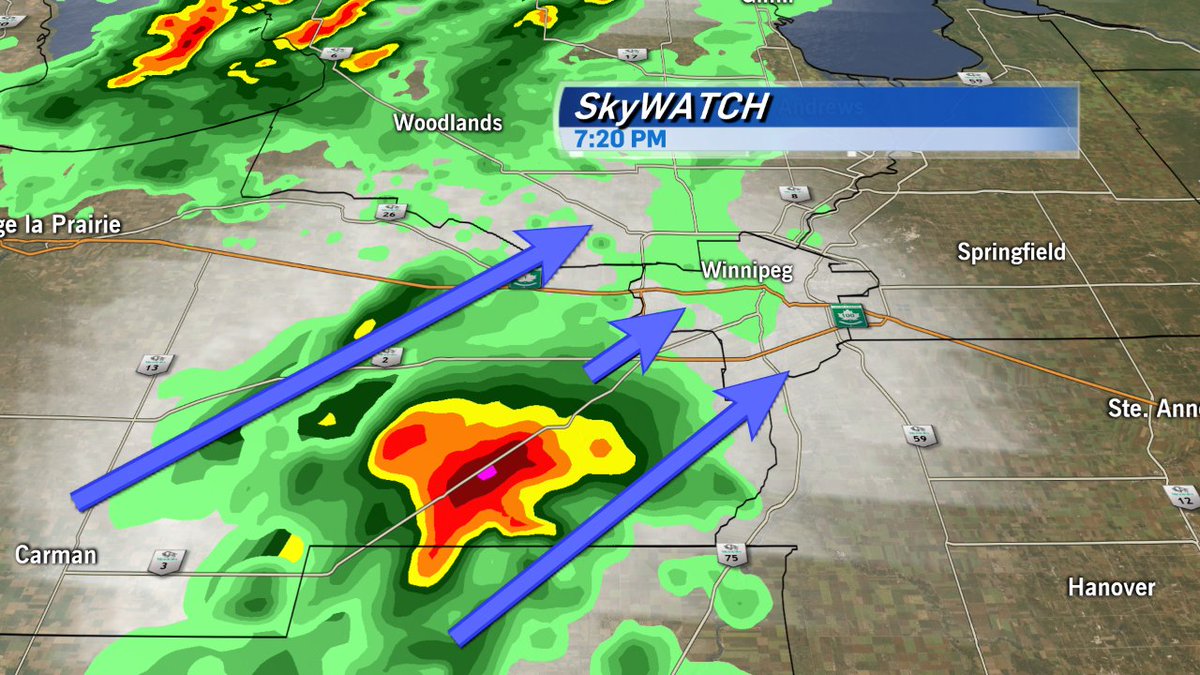 ctvwinnipeg's tweet photo. Severe thunderstorm 10 km south of #Brunkild and tracking NE at 40 km/h is heading #Winnipeg's way. #mbstorm https://t.co/Gmz4lRagic