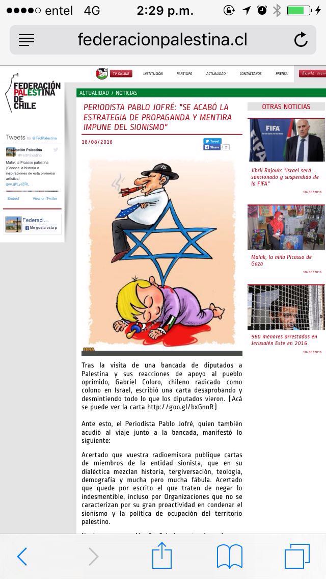 gzaliasnik's tweet photo. Para @FedPalestina es censura denunciar caricaturas antisemitas propias de nazismo. No tienen verguenza. https://t.co/NfhF4lYSy1
