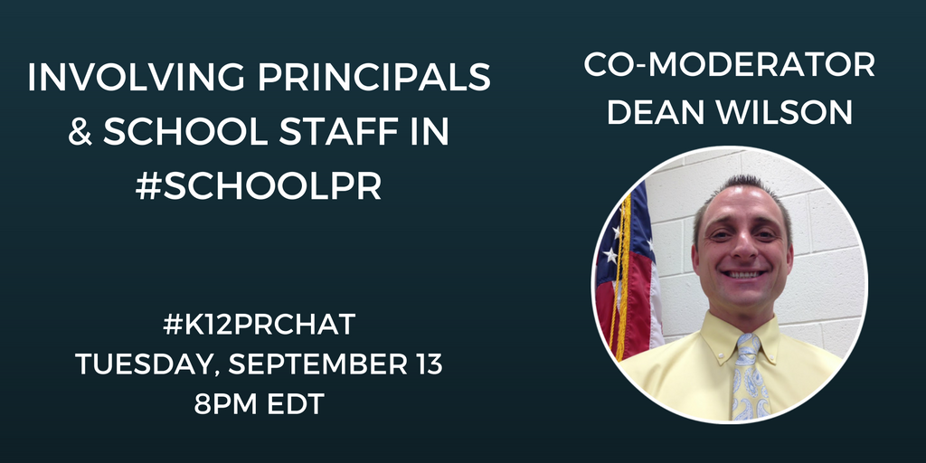 k12prDane's tweet photo. Join us for our next #k12prchat where we talk about involving principals and school staff in #schoolpr. https://t.co/6KjqIBXfII