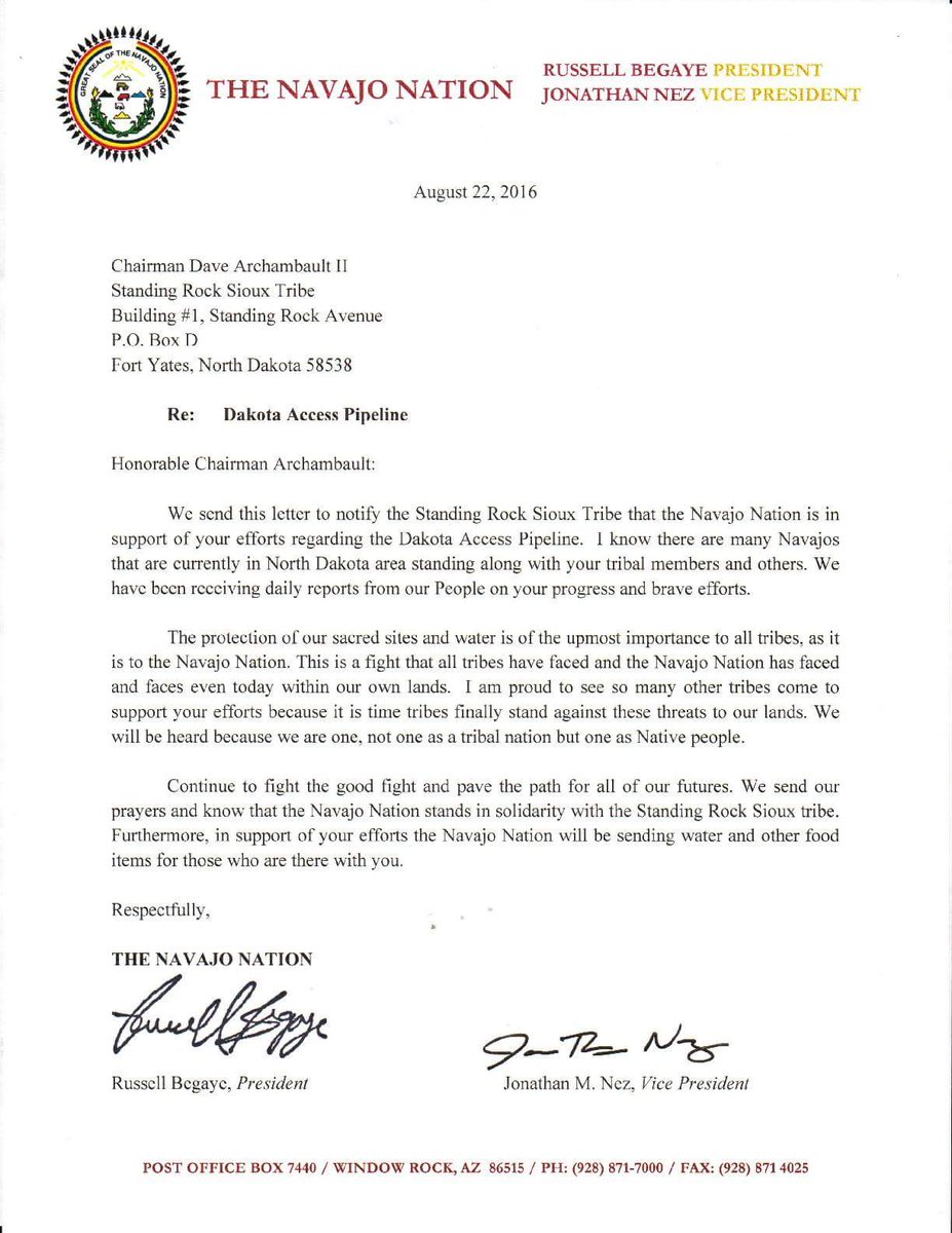 Navajo Nation President Russell Begaye &amp; VPJonathan Nez send a letter in support to the Standing Rock Sioux Tribe.