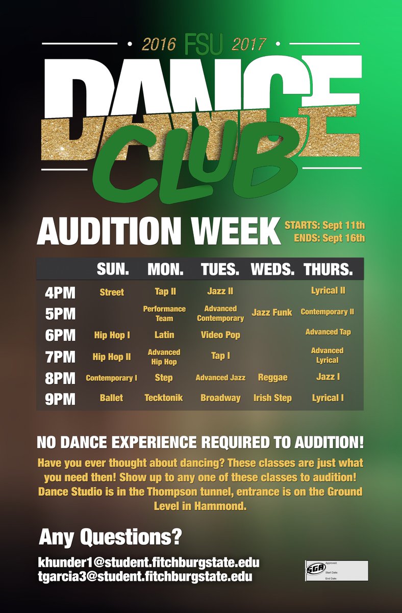 DanceFSU's tweet photo. The fall 2016 audition week schedule is UP! We cannot wait to see everyone soon! #DanceFSU #FitchburgStateUniversity https://t.co/1Qd7y1R2lx