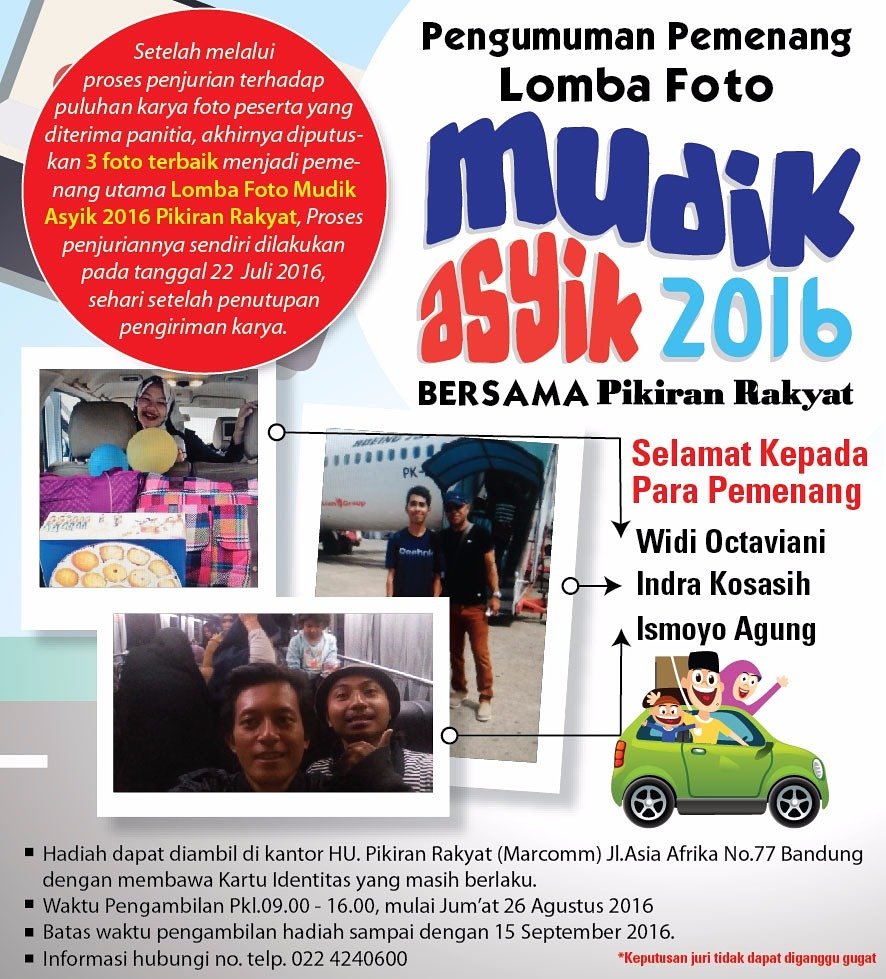 Pengumuman Pemenang Lomba Foto Mudik Asyik 2016 Bersama Pikiran Rakyat