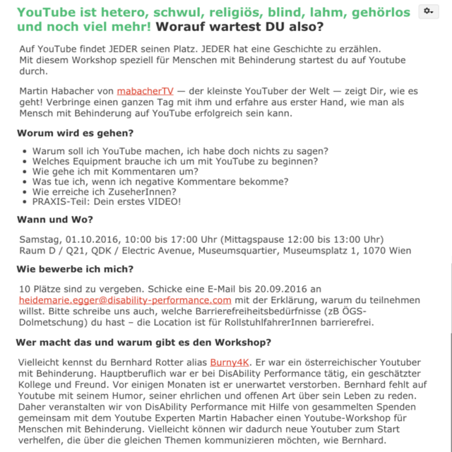 YouTube ist hetero, schwul, religiös, blind, lahm, gehörlos &amp; viel mehr! — Workshop für Menschen mit Behinderung!