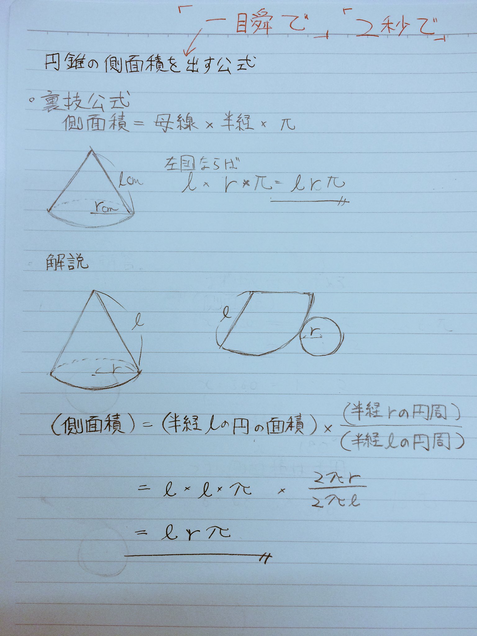 中学高校数学laf先生 質問回答中 円錐の側面積を簡単に求める方法 求めるのに手間がかかる円錐の側面積ですが 実は 円錐の側面積 母線 半径 円周率 で求めることができます 理由が知りたい人は写真をチェック