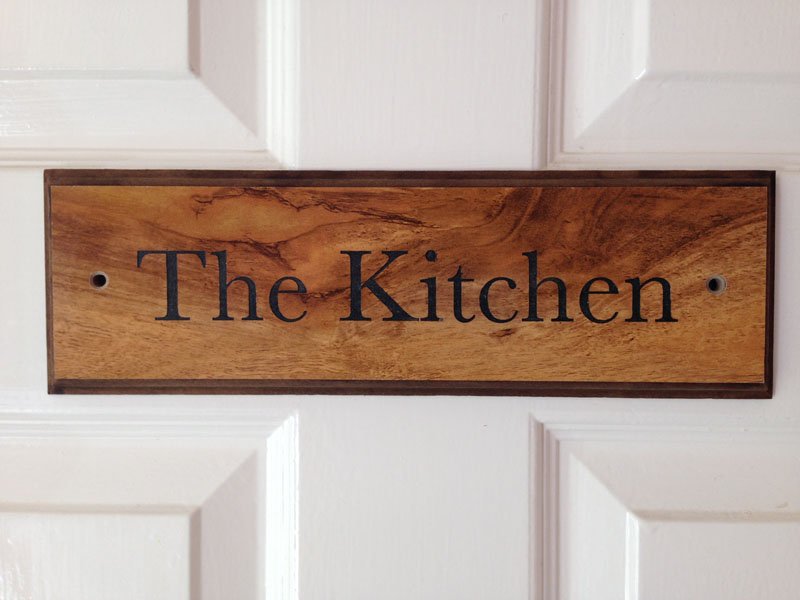 ALittleSign's tweet image. Kitchen door sign in Walnut effect laser engraved and cut by Little Signs